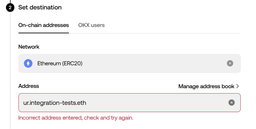OKX exchange doesn't allow ENS name as recipient in the withdrawal flow