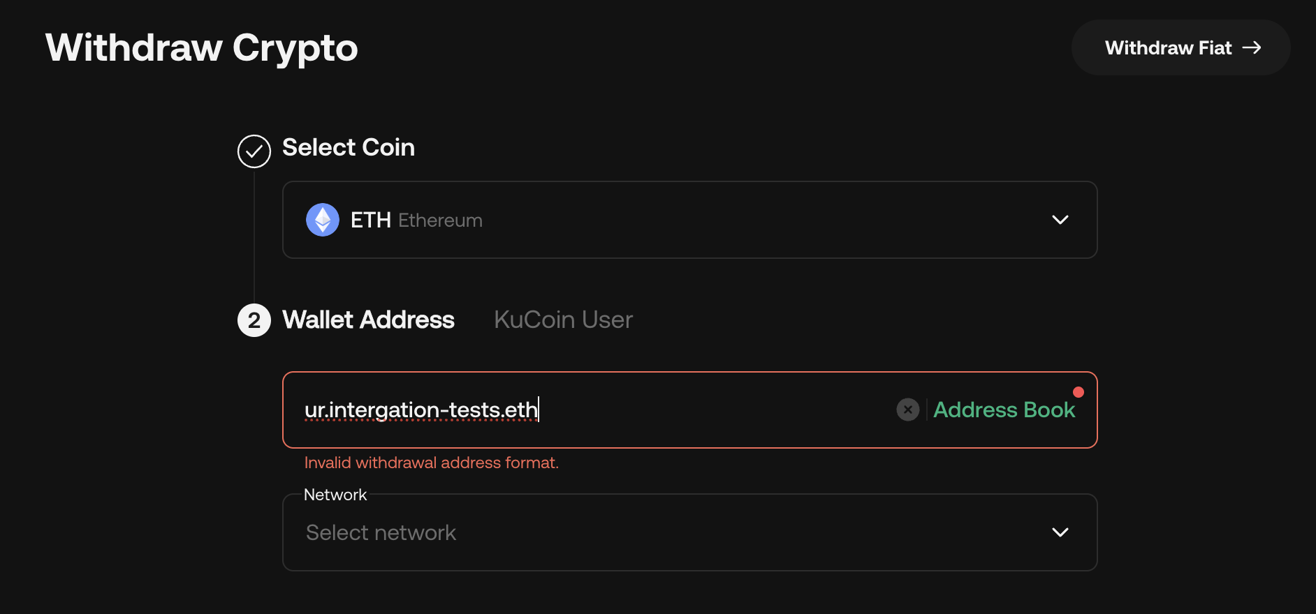KuCoin exchange rejects ur.integration-tests.eth in the withdraw flow