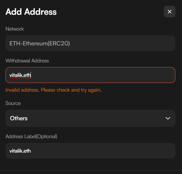 CoinW Exchange doesn't allow ENS names as the recipient identifier in the Add address feature