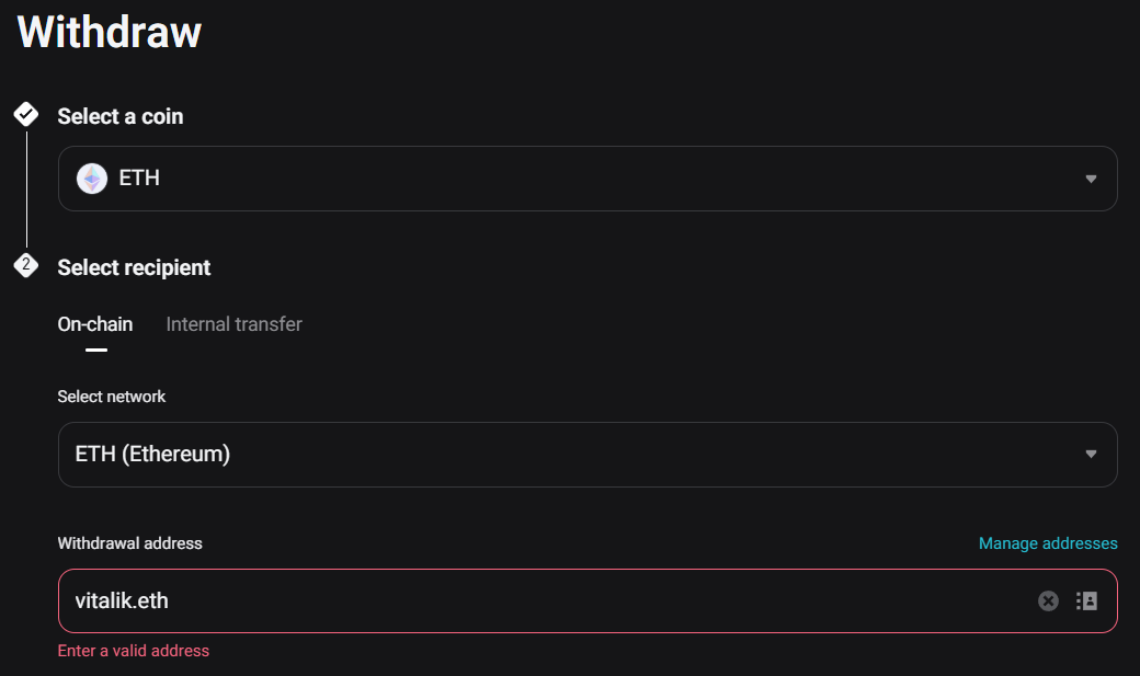 Bitget Exchange doesn't allow ENS names as the recipient in the withdraw flow