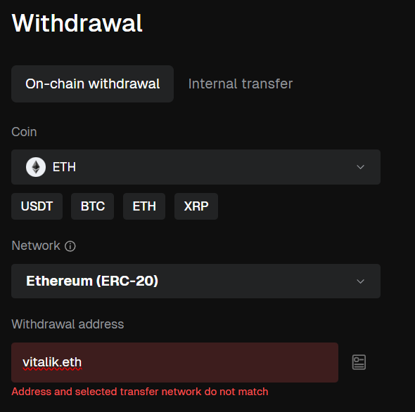 Bitunix Exchange doesn't allow ENS names as the recipient in the withdrawal flow