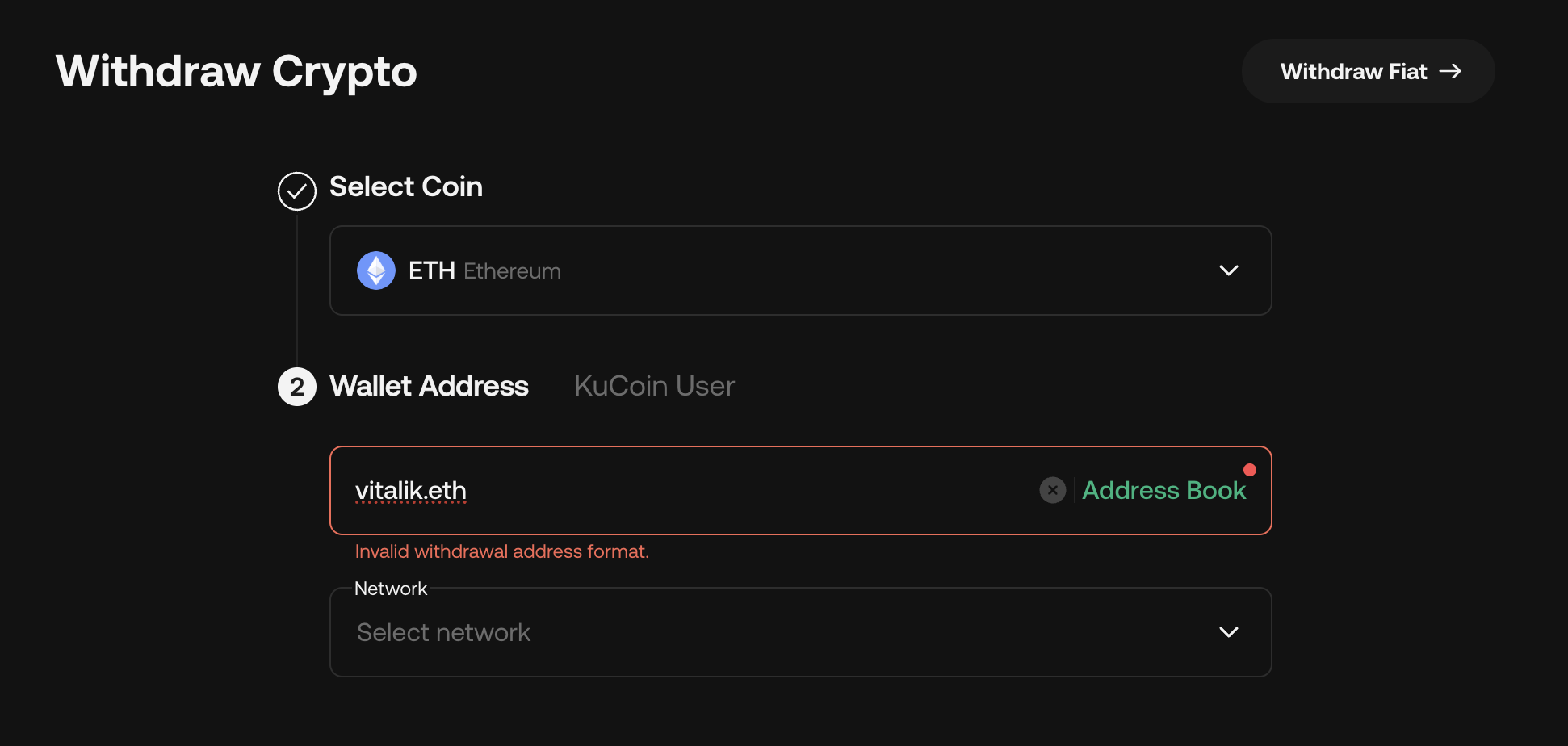 KuCoin doesn't accept ENS names as withdrawal addresses