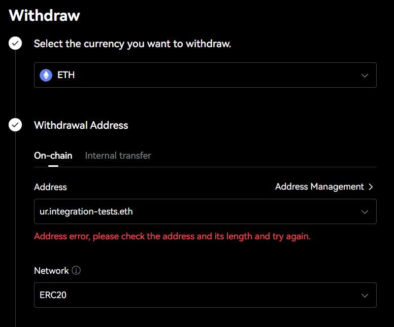 LBank exchange doesn't allow ENS name as recipient in the withdrawal flow