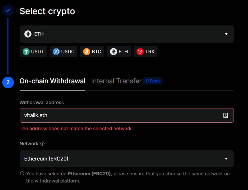 BingX Exchange doesn't allow ENS names as the recipient in the withdraw flow