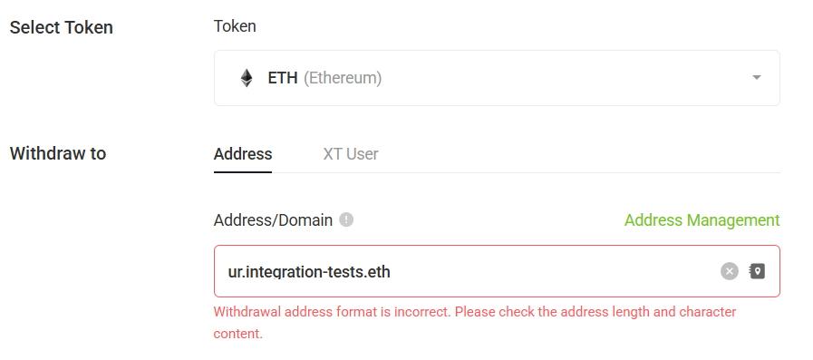 XT.COM exchange doesn't allow ENS name as recipient in the withdraw flow