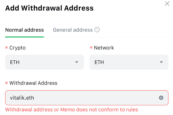 Ourbit Exchange doesn't allow ENS names as the recipient in the Address management feature
