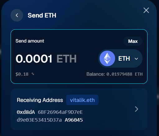 Gemini Wallet correctly resolves the address for vitalik.eth