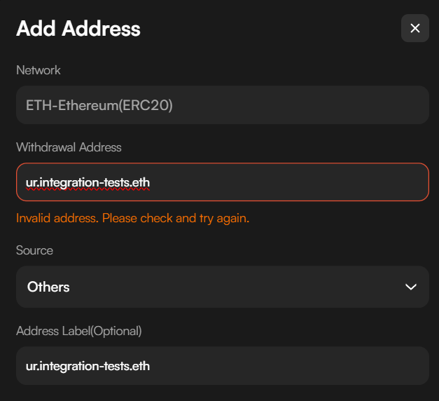 CoinW exchange doesn't allow ENS name as recipient in the Add address feature