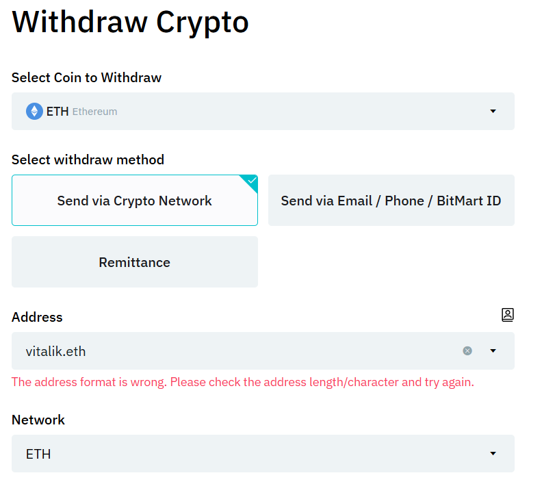 BitMart Exchange doesn't allow ENS names as the recipient in the withdraw flow
