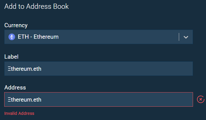 Bitfinex Exchange fails to resolve the address for Ξthereum.eth
