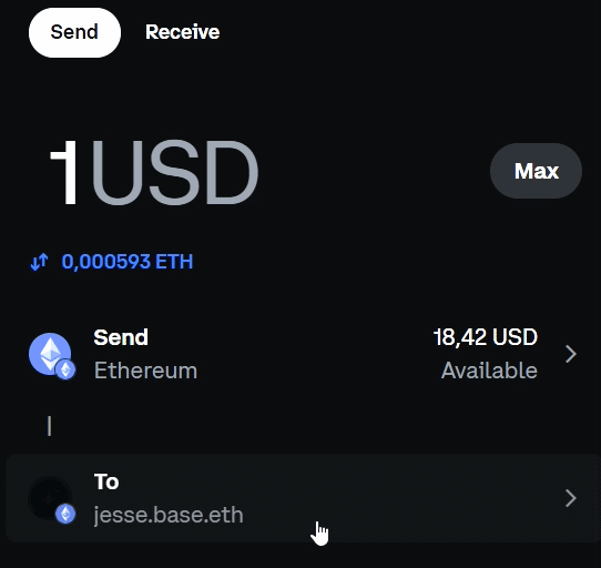 Coinbase Wallet correctly resolves the address for jesse.base.eth