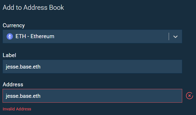 Bitfinex Exchange fails to resolve the address for jesse.base.eth