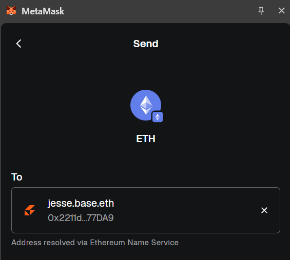 MetaMask Wallet correctly resolves the address for jesse.base.eth