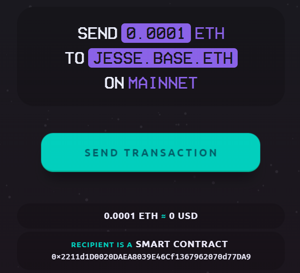 Frame Wallet correctly resolves the address for jesse.base.eth