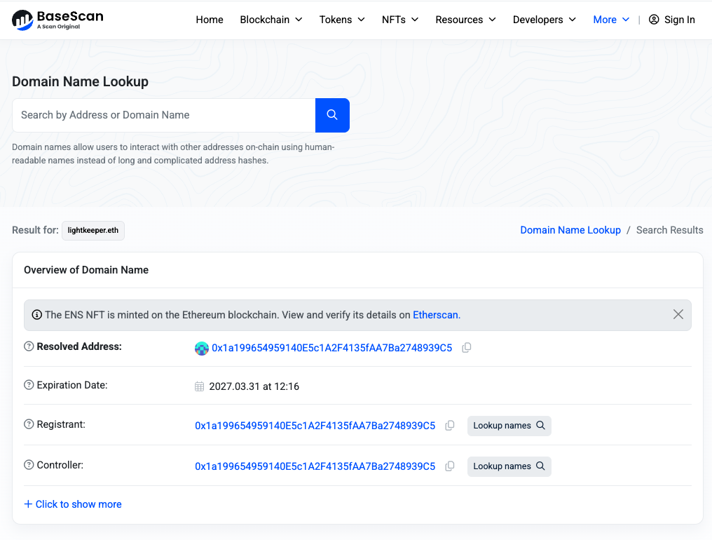 Etherscan fails to resolve the Base deposit address