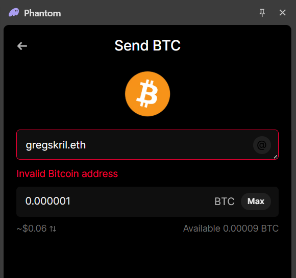 Phantom fails to resolve the address for gregskril.eth on Bitcoin