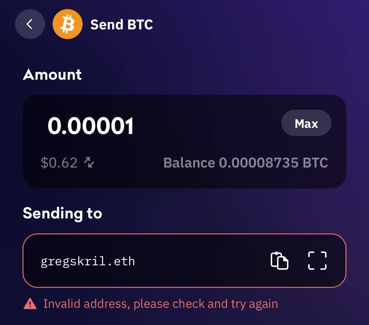 Kraken Wallet fails to resolve the Bitcoin address for gregskril.eth