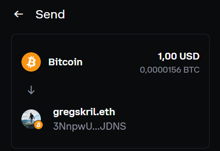 Coinbase Wallet correctly resolves the address for gregskril.eth on Bitcoin