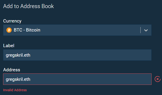 Bitfinex Exchange fails to resolve the Bitcoin address for gregskril.eth