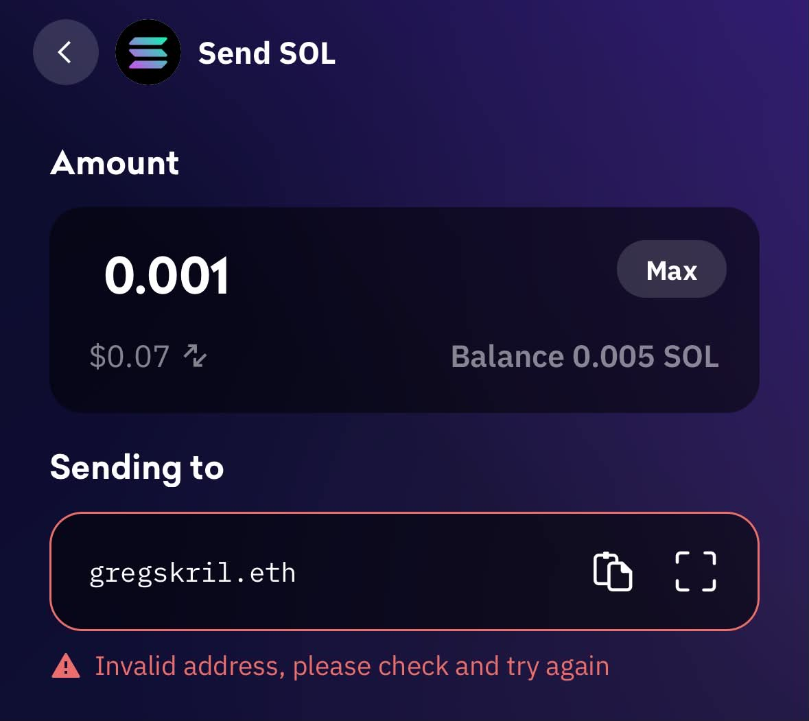 Kraken Wallet fails to resolve the Solana address for gregskril.eth