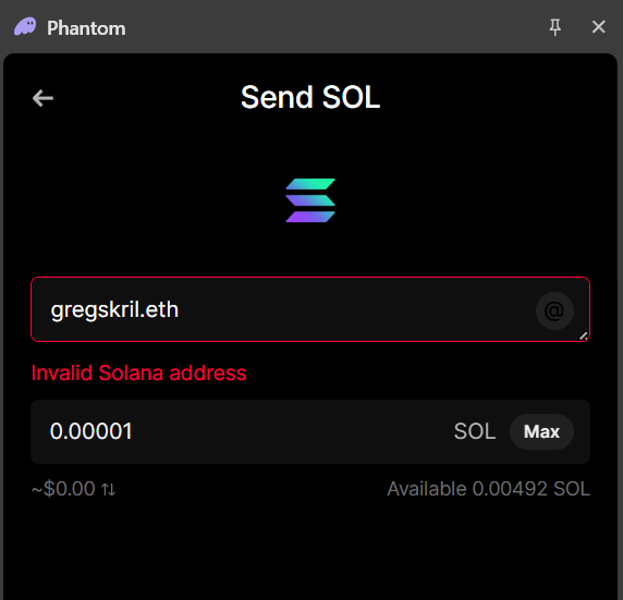 Phantom Wallet fails to resolve the Solana address for gregskril.eth
