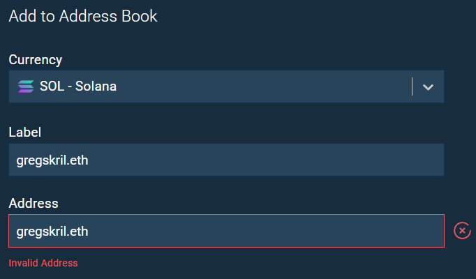 Bitfinex Exchange fails to resolve the Solana address for gregskril.eth